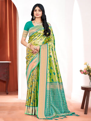Parrot Green Kanjivaram Silk Saree With Blouse Piece