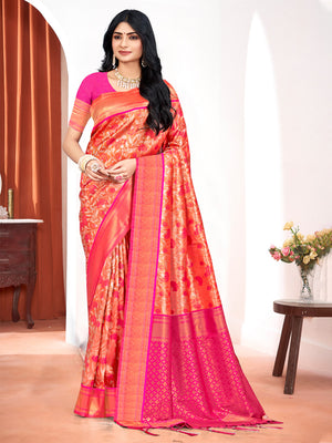 Pink Kanjivaram Silk Saree With Blouse Piece