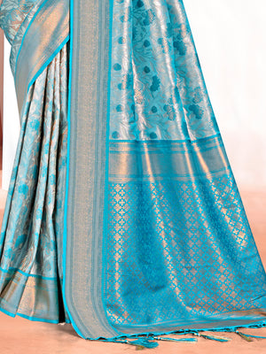 Blue Kanjivaram Silk Saree With Blouse Piece