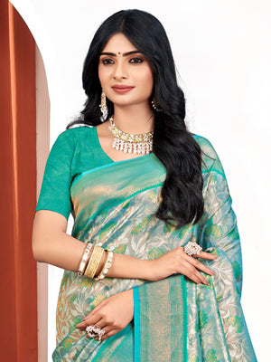 Sea Green Kanjivaram Silk Saree With Blouse Piece