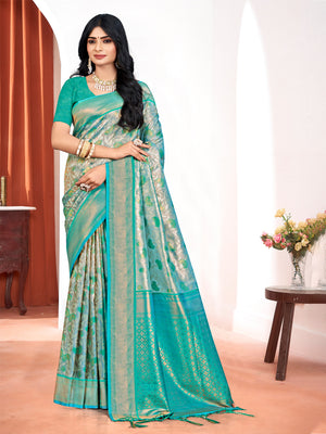 Sea Green Kanjivaram Silk Saree With Blouse Piece