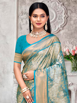 Blue Kanjivaram Silk Saree With Blouse Piece