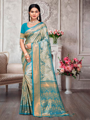 Blue Kanjivaram Silk Saree With Blouse Piece