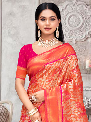 Pink Kanjivaram Silk Saree With Blouse Piece