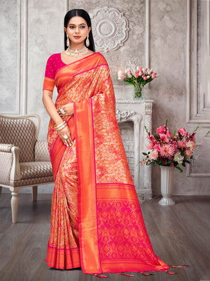 Pink Kanjivaram Silk Saree With Blouse Piece