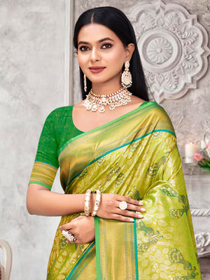 Parrot Green Kanjivaram Silk Saree With Blouse Piece
