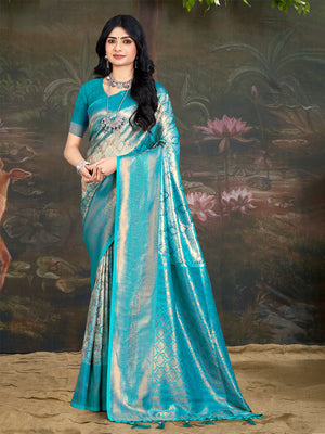 Blue Kanjivaram Silk Saree With Blouse Piece