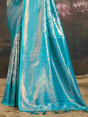Blue Kanjivaram Silk Saree With Blouse Piece