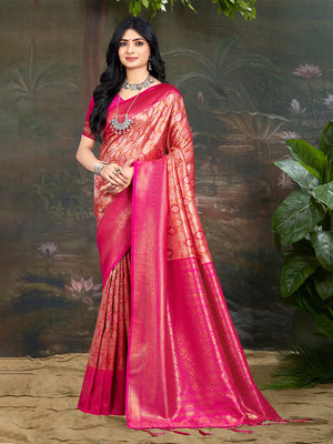 Pink Kanjivaram Silk Saree With Blouse Piece