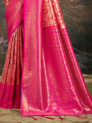 Pink Kanjivaram Silk Saree With Blouse Piece