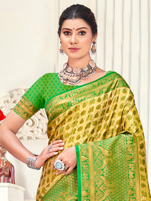 Yellow Kanjivaram Silk Saree With Blouse Piece