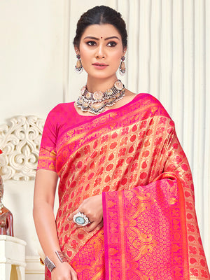 Pink Kanjivaram Silk Saree With Blouse Piece