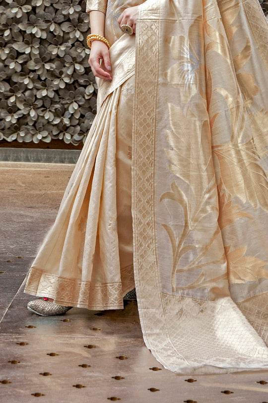 Grand Golden Banarasi silk saree - drape view
