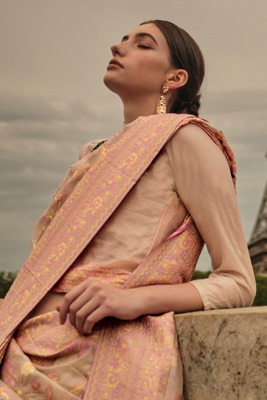 Peach Kashmiri Silk Saree With Blouse Piece