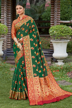 Womens Banarasi Silk Dark Green Saree With Blouse Piece