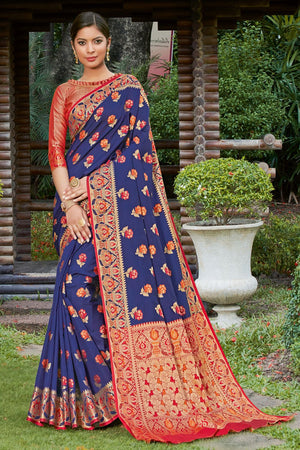 Womens Banarasi Silk Blue Saree With Blouse Piece