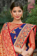 Womens Banarasi Silk Blue Saree With Blouse Piece