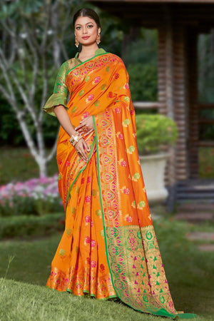 Womens Banarasi Silk Orange Saree With Blouse Piece