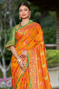 Womens Banarasi Silk Orange Saree With Blouse Piece