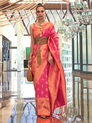 Pink And Orange Banarasi Saree