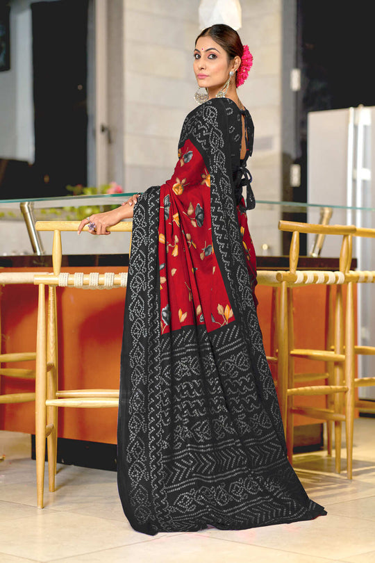 Balck And Red Pure Mulmul Cotton Flower Print Sarees Saree With Blouse Piece