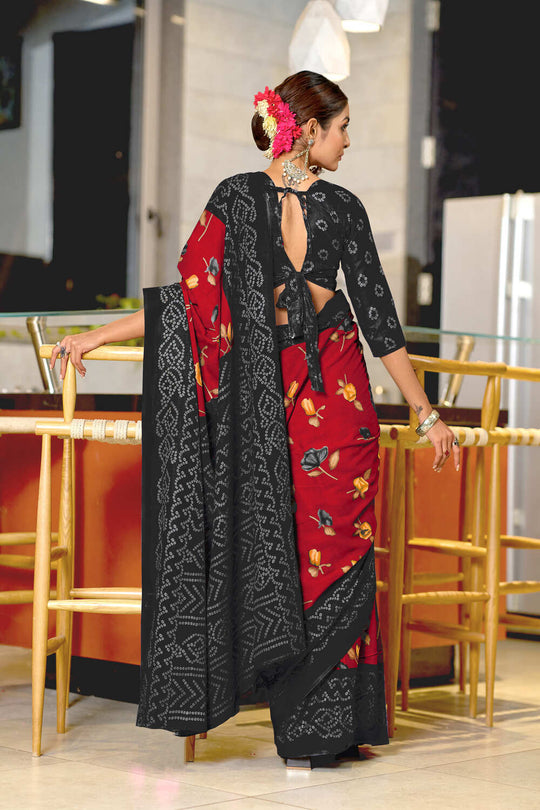 Balck And Red Pure Mulmul Cotton Flower Print Sarees Saree With Blouse Piece