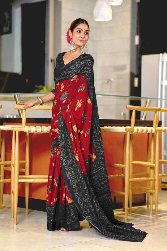 Balck And Red Pure Mulmul Cotton Flower Print Sarees Saree With Blouse Piece