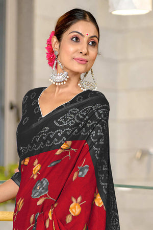 Balck And Red Pure Mulmul Cotton Flower Print Sarees Saree With Blouse Piece