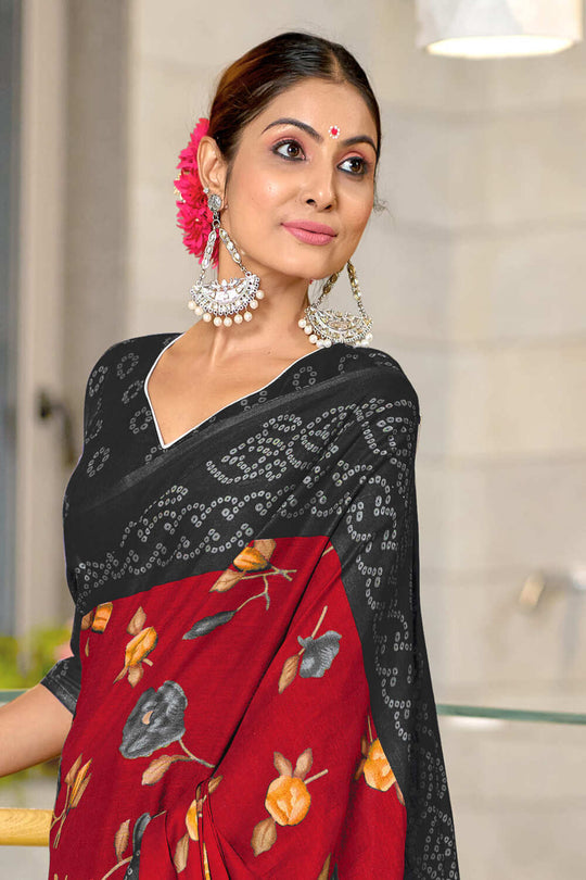 Balck And Red Pure Mulmul Cotton Flower Print Sarees Saree With Blouse Piece
