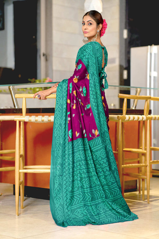 Blue And Green Pure Mulmul Cotton Flower Print Sarees Saree With Blouse Piece