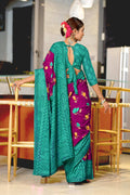 Blue And Green Pure Mulmul Cotton Flower Print Sarees Saree With Blouse Piece