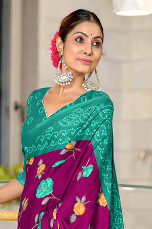 Blue And Green Pure Mulmul Cotton Flower Print Sarees Saree With Blouse Piece