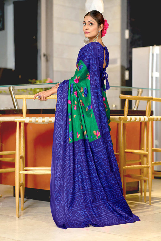 Teal Green Pure Mulmul Cotton Flower Print Sarees Saree With Blouse Piece