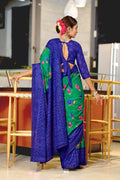 Teal Green Pure Mulmul Cotton Flower Print Sarees Saree With Blouse Piece