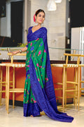 Teal Green Pure Mulmul Cotton Flower Print Sarees Saree With Blouse Piece