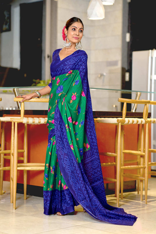 Teal Green Pure Mulmul Cotton Flower Print Sarees Saree With Blouse Piece