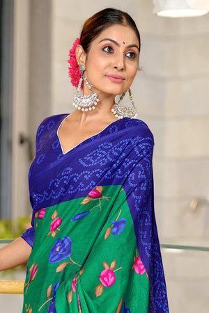 Teal Green Pure Mulmul Cotton Flower Print Sarees Saree With Blouse Piece