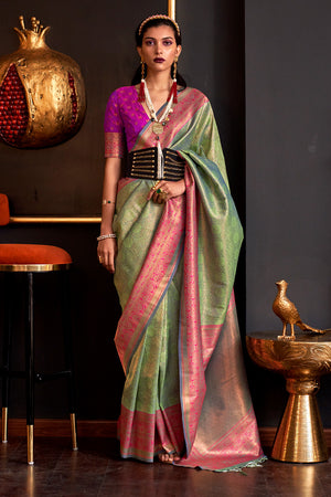 Parrot Green Silk Saree With Blouse Piece