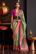 Parrot Green Silk Saree With Blouse Piece