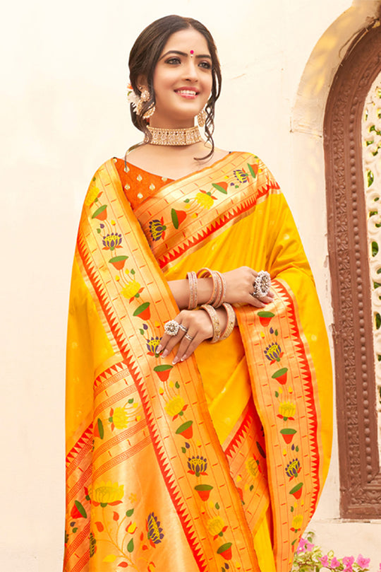 Orange Paithani Silk Saree With Blouse Piece