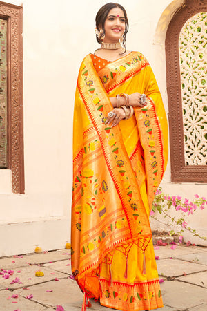 Orange Paithani Silk Saree With Blouse Piece