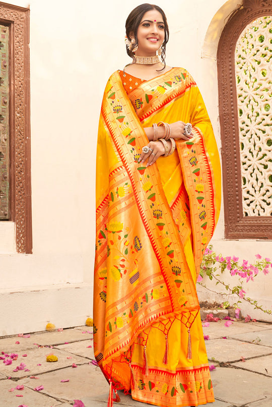 Orange Paithani Silk Saree With Blouse Piece