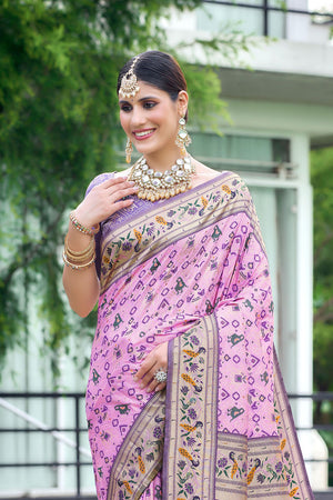 Baby Pink Paithani Patola Silk Saree With Blouse Piece