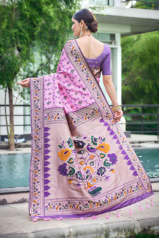 Baby Pink Paithani Patola Silk Saree With Blouse Piece