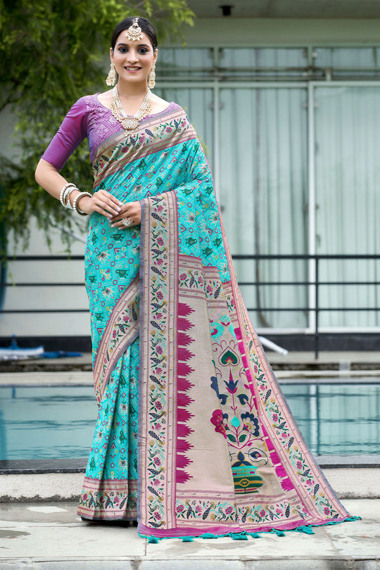 Firozi Blue Paithani Patola Silk Saree With Blouse Piece
