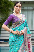 Firozi Blue Paithani Patola Silk Saree With Blouse Piece