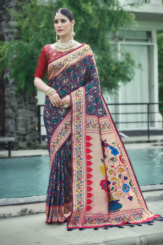 Navy Blue Paithani Patola Silk Saree With Blouse Piece