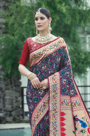 Navy Blue Paithani Patola Silk Saree With Blouse Piece