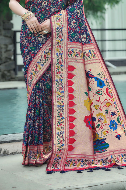 Navy Blue Paithani Patola Silk Saree With Blouse Piece