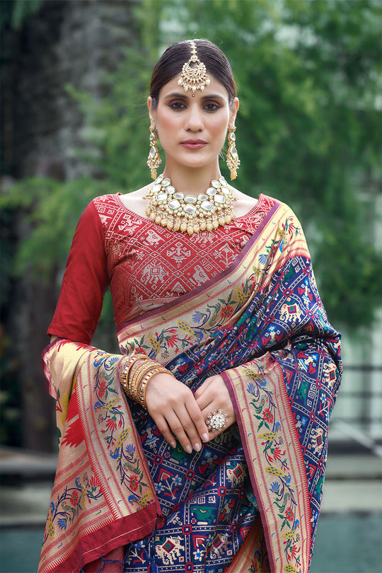 Navy Blue Paithani Patola Silk Saree With Blouse Piece